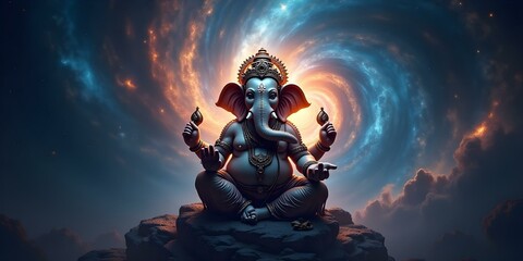 Fototapeta premium Powerful image of Ganesha set against a cosmic background with swirling galaxies, stars, and nebulae, symbolizing infinite power, ideal for spiritual artwork, meditation visuals
