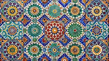 Intricate, vibrant, and ornate Moroccan-inspired seamless tiles featuring geometric patterns, Arabesque motifs, and rich colors, perfect for backgrounds, textures, and design elements.