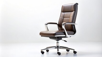 Obraz premium Isolated modern office chair with sleek design and caster wheels spotted on a clean and crisp pure white background, evoking a sense of professionalism.