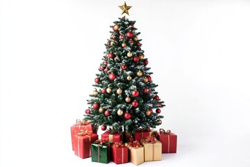 Decorated Christmas tree with presents for new year isolated on white background.
