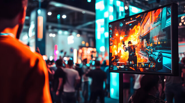 Crowded gaming convention with hundreds of enthusiastic gamers around massive LED screen, showcasing vibrant video game graphics and intense action, electric atmosphere with cheering and colorful LED