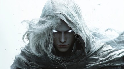 Closeup of a wind ranger with flowing cloaks, windswept hair, glowing eyes, soft diffused lighting,