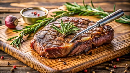 Juicy grilled steak with a digital thermometer inserted, showing a perfect medium-rare temperature, garnished with fresh rosemary and served on a wooden cutting board.