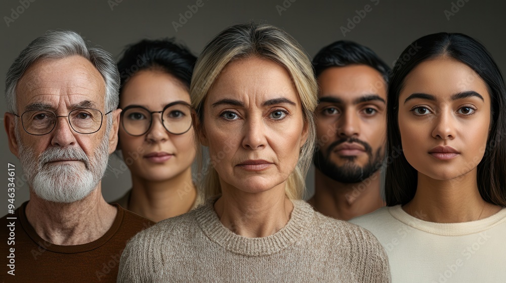 Aufkleber five individuals of varying ages and backgrounds display serious expressions while standing close to
