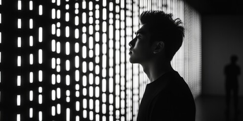 Contemplative Silhouette against Abstract Light Patterns