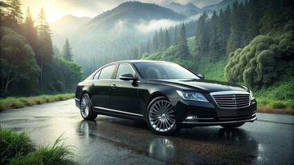 Fototapeta premium Luxurious black sedan with sleek design, chromed accents, and iconic grille parked on a deserted road surrounded by lush greenery and misty atmosphere.