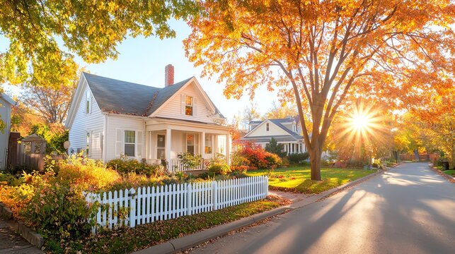 Charming autumn scene featuring a house surrounded by vibrant fall colors, sunlight peeking through trees and a cozy, inviting atmosphere. suburban development concept.