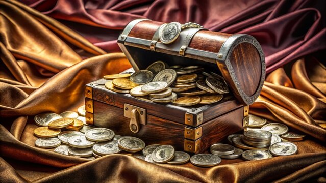 Luxurious gold and silver currency notes and coins overflowing from a leather-bound chest, surrounded by velvet cloth, symbolizing wealth and high-end valuables.