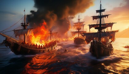 Obraz premium Ships on Fire in Medieval Battleships, Pirate ships destroyed in cannon battle, Generative AI