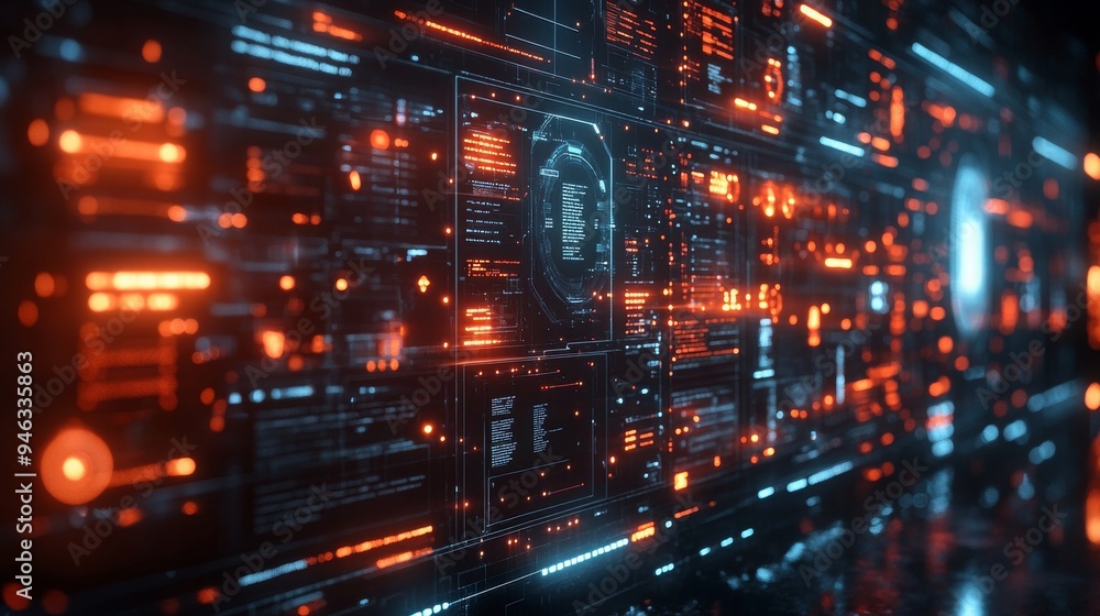 Poster a holographic interface showcases intricate data flow patterns with vibrant colors in a modern techn