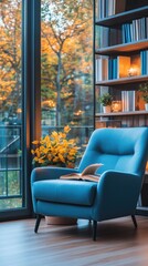 Obraz premium A comfort-filled nook features a book on a nightstand beside an armchair, surrounded by plants and candles, all illuminated by warm natural light from the window
