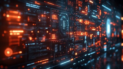 A holographic interface showcases intricate data flow patterns with vibrant colors in a modern technological setting, highlighting advanced digital interaction.