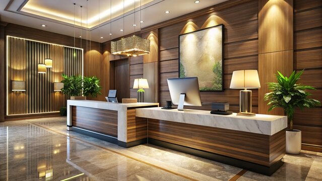 Luxurious hotel reception desk with sleek computer and credit card terminal, elegant lobby furniture, and warm lighting, conveying efficient and secure payment processing.