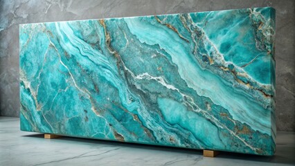 Luxurious turquoise stone slab with swirling white veins resembles marble, set against a soft gray background, evoking a sense of elegance and sophistication.