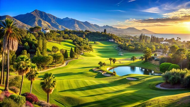Luxurious tropical golf course in Marbella, Spain, with sun-kissed fairways, lush green hills, and clear blue skies, perfect for a relaxing golfing vacation getaway.