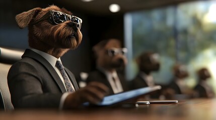 Canine Business Leaders Collaborate on Presentation in Sleek Modern Office