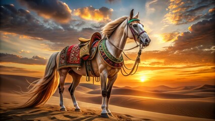 Majestic Arabian horse with ornate saddle and bridle, set against a warm desert sunset backdrop, exuding elegance, strength, and Middle Eastern charm.