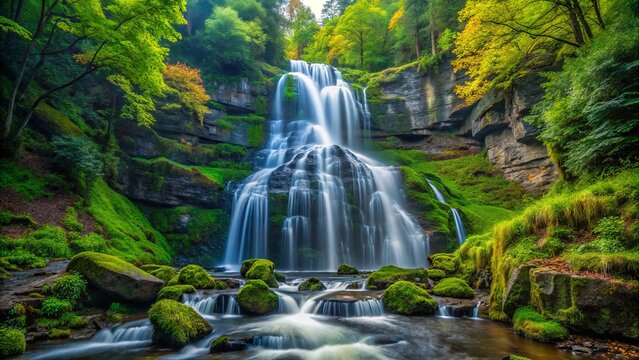 Majestic and serene, a breathtaking waterfall cascades down a rocky cliff in a lush green forest surrounded by moss-covered trees and vibrant foliage.
