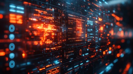 The holographic interface showcases dynamic data flow in bright colors, emphasizing a high-tech digital landscape filled with information.