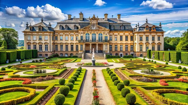 Majestic Baroque palace with ornate fa&ccedil;ade, grand entrance, and immaculate gardens, evoking elegance and refinement, perfect for luxury and sophistication-themed designs.