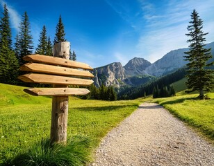 Wooden sign on path to mountains with grass and pine trees, Generative AI
