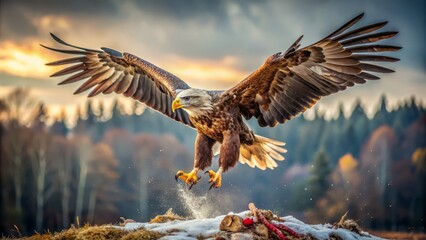Fototapeta premium Majestic eagle swoops down, talons outstretched, ripping apart a fresh carcass, feathers ruffled, eyes blazing with fierce intensity in a suspenseful, wild nature scene.