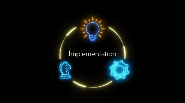 Implementation concept, process of executing a plan or policy so that a concept becomes a reality. Glowing neon line of Implementation icon isolated on transparent background.