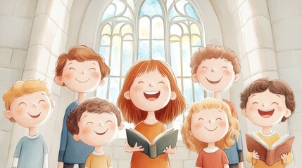 Harmony in Diversity: Watercolor Illustration of Multicultural Choir Singing in Beautiful Church with Stained Glass Windows