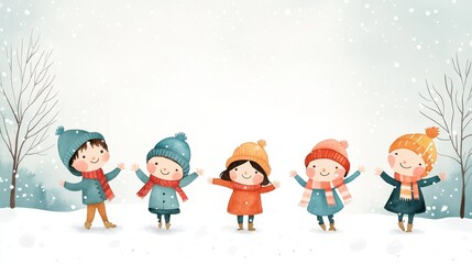 Fototapeta premium Joyful Winter Play: Diverse Kids Frolicking in Snowy Park with Colorful Scarves and Hats - Watercolor Style Illustration