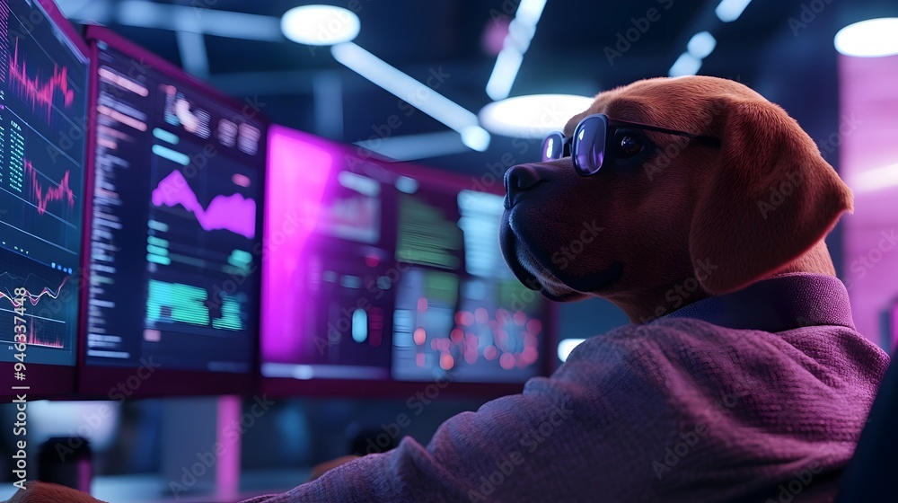 Poster data savvy canine analyzes complex charts and graphs across multiple monitors in sleek office