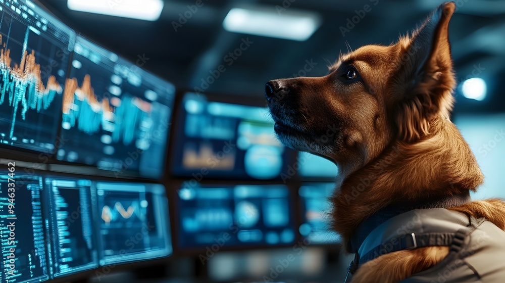 Poster canine data analyst examines complex graphs across multiple screens in sleek office