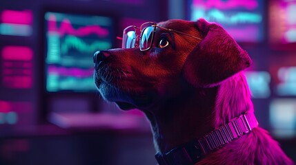 Analytical Dog Data Scientist Scrutinizing Statistical Visualizations in Workspace