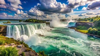 Fototapeta premium Majestic Horseshoe Falls thunder down the Niagara River in Ontario, Canada, surrounded by lush greenery and misty veil, under a bright blue summer sky.