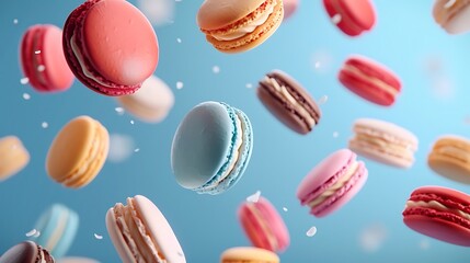 Obraz premium Various Colorful of Macarons Floating on the Air on blue background