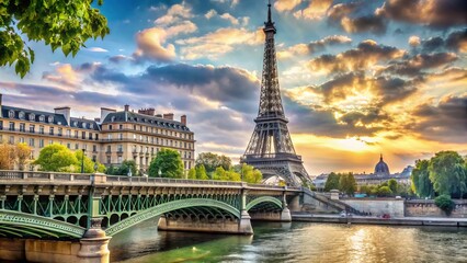 Obraz premium Majestic iron lattice tower stands tall above Seine River, connected to elegant pedestrian bridge, set against soft focus cityscape with historic buildings and lush greenery.