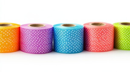 Colorful rolls of decorative tape in vibrant hues with white polka dots for crafting.