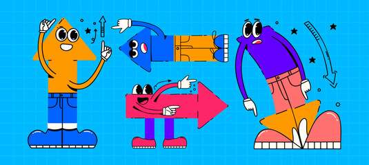 Obraz premium Funny arrow characters in trendy cartoon style. Vector illustration.