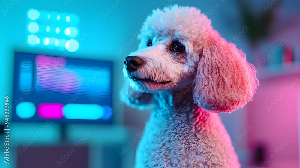 Poster intelligent poodle analyzes data in minimalist office setting with holographic display