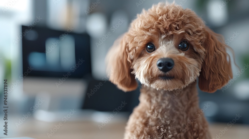 Poster analytical poodle reviewing holographic data visualizations in modern office setting