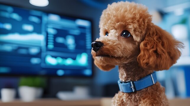 Analytical Poodle Reviewing Holographic Data Visualizations in Modern Office Setting