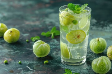 Amla mojito with amla slices and mint, served in a highball glass, Indian background, copy space for text 