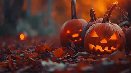 Classic Halloween Pumpkins with Autumn Leaves
