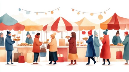 Vibrant Watercolor Illustration of Diverse People Enjoying a Bustling Street Market with Food Stalls in a Festive Atmosphere