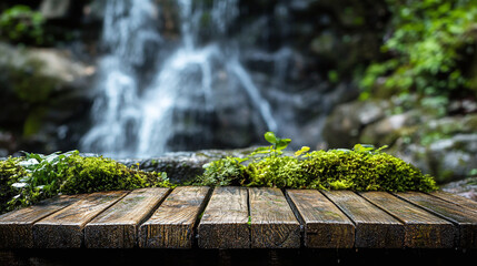 Image of a wooden table product display and a backdrop of a waterfall in the rainforest for displaying natural products. Ai generate.	
