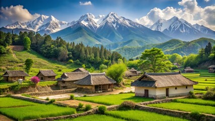 Fototapeta premium Majestic snow-capped mountains surround a serene rural village in North Korea, with traditional thatched-roof homes and lush green fields creating a peaceful countryside scene.