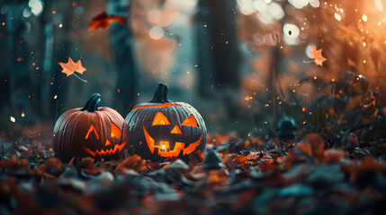 Classic Halloween Pumpkins with Autumn Leaves
