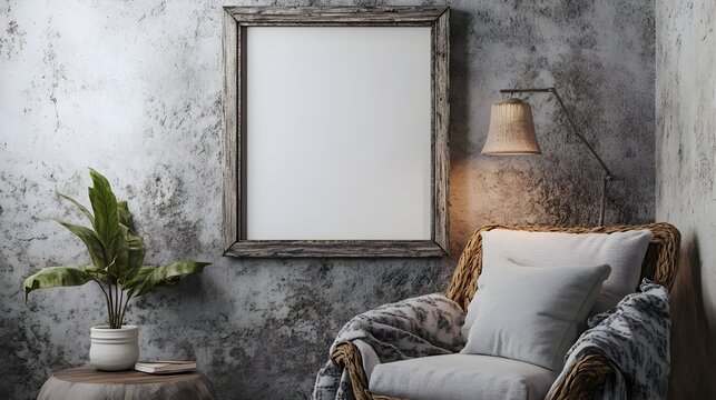 Mockup frame in a farmhouse style living room with reclaimed wood frame textured walls and a cozy reading nook  The space exudes a warm comfortable and inviting atmosphere with natural lighting