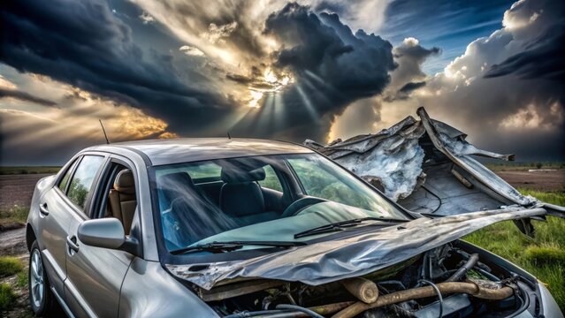 mangled car hood and roof peppered with numerous dents and dings, cloudy sky reflecting the storm's ferocity in the background.