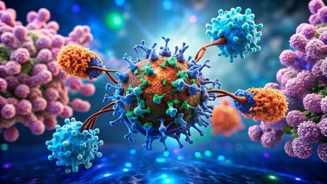 Medical illustration of a monoclonal antibody binding to the HER2 receptor on a cancer cell's surface, highlighting targeted cancer therapy and molecular interaction.