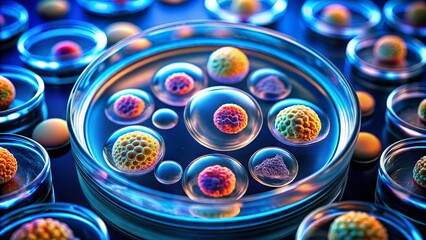 Microscopic image of human stem cells in a petri dish, illuminated under a laboratory microscope, showcasing their unique cellular structure and potential for regeneration.